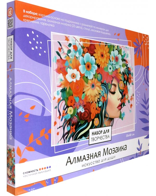 Алмазная мозаика на подрамнике Девушка в цветах, частичная выкладка