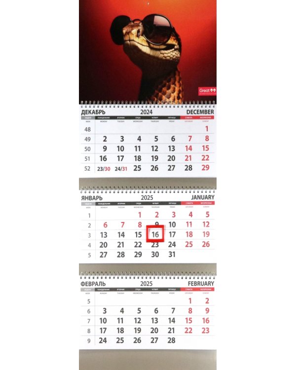 Календарь квартальный на 2025 год Змея в очках