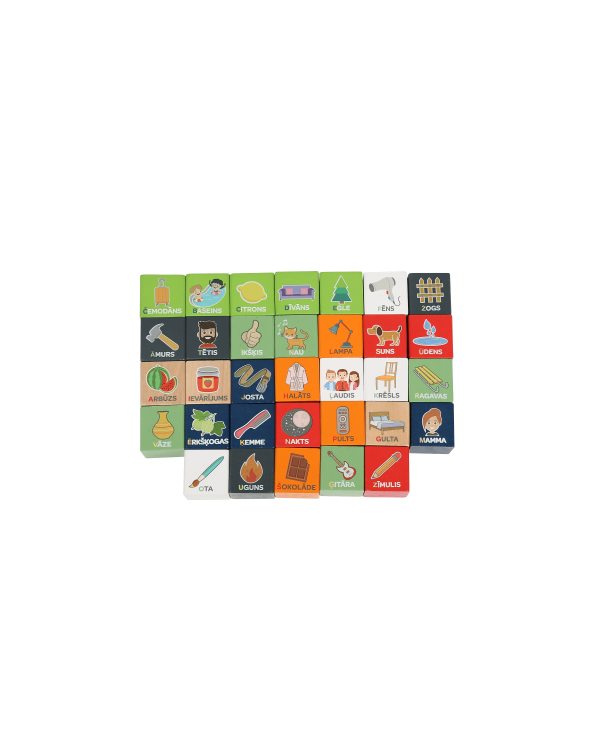 bo. Деревянные кубики "Алфавит и слова", на латышском языке