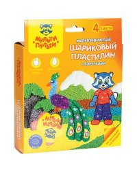 Пластилин шариковый с блестками "Приключения Енота", 4 цвета