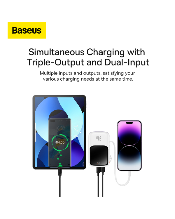 Powerbank Baseus Qpow PRO with cable, USB-C, 2xUSB, 10000mAh, 20W (White)