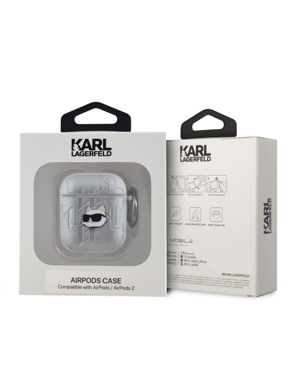 Karl Lagerfeld PU Embossed Choupette Head Case for AirPods 1|2 Silver