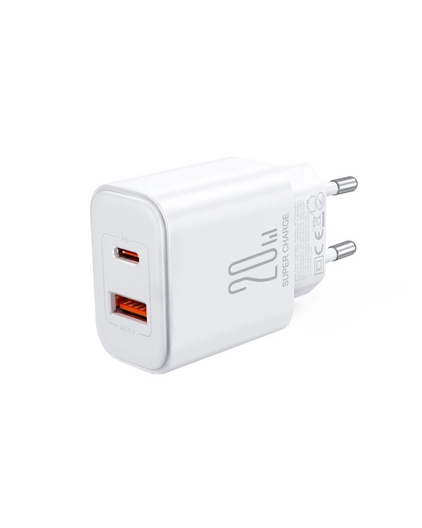 Joyroom JR-TCF05 20W USB-C | USB-A Fast Dual Port Wall Charger - White + USB-C - Lightning 1m