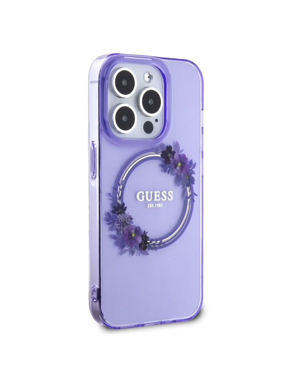 Guess PC|TPU Flowers Ring Glossy Logo MagSafe  Чехол для iPhone 15 Pro Max фиолетовый