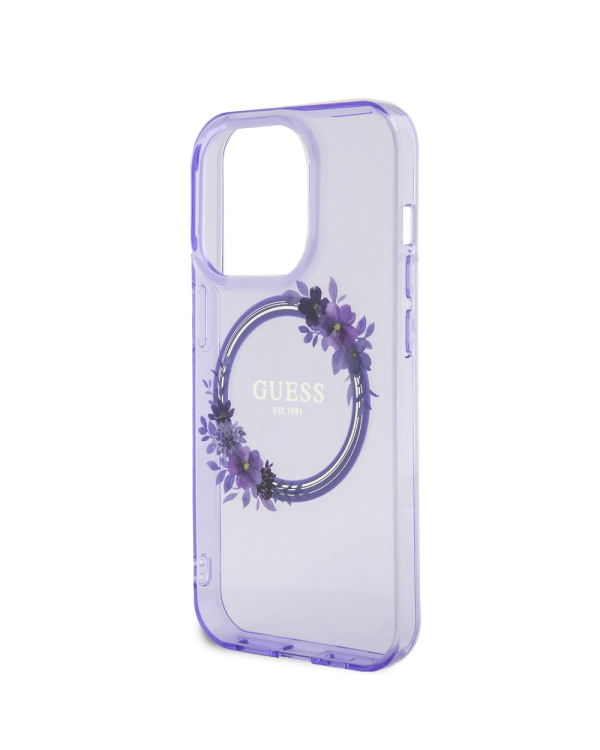 Guess PC|TPU Flowers Ring Glossy Logo MagSafe  Чехол для iPhone 15 Pro Max фиолетовый