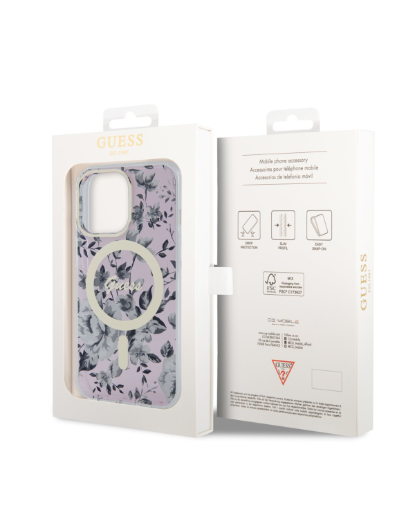 Guess PC|TPU Flowers IML MagSafe Compatible Case for iPhone 13 Pro Pink