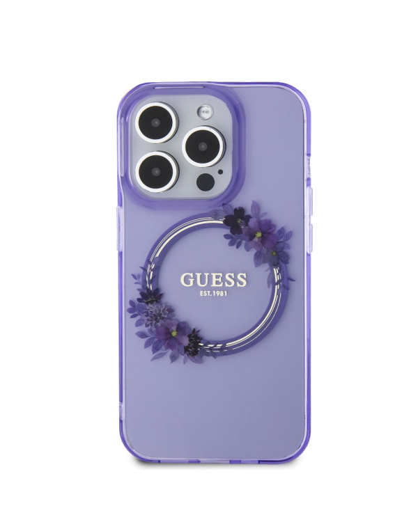 Guess PC|TPU Flowers Ring Glossy Logo MagSafe  Чехол для iPhone 15 Pro Max фиолетовый