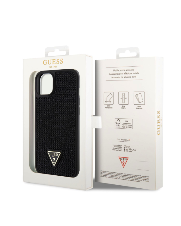Чехол Guess со стразами и треугольным металлическим логотипом для iPhone 15 Plus черный