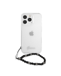 GUHCP13XKPSBK Guess PC Script and Black Pearls Case for iPhone 13 Pro Max Transparent