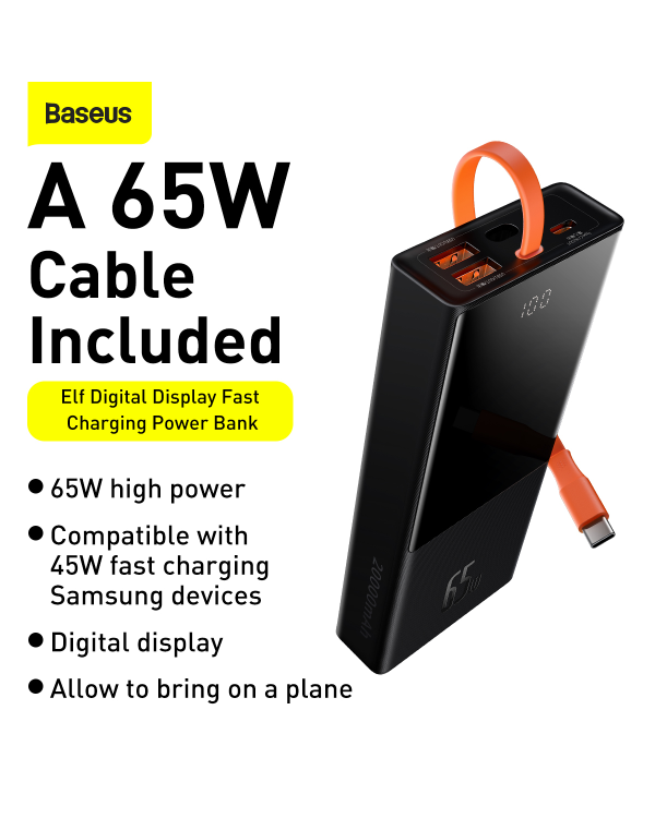 PowerBank Baseus 20000mAh, PD, 2xUSB + USB-C, USB-C cable, 65W