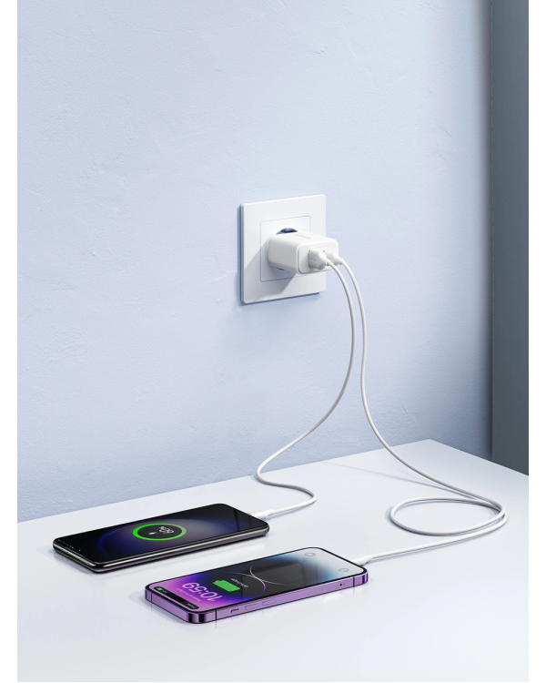 Joyroom JR-TCF05 20W USB-C | USB-A Fast Dual Port Wall Charger - White + USB-C - Lightning 1m
