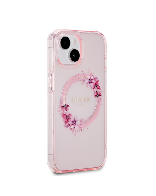 Guess PC|TPU Flowers Ring Glossy Logo MagSafe Чехол для iPhone 15 розовый