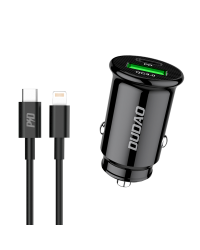 Dudao fast car charger with USB ports QC3.0 + Type C PD black + USB-C cable - Lightning 18W black (R3PRO)