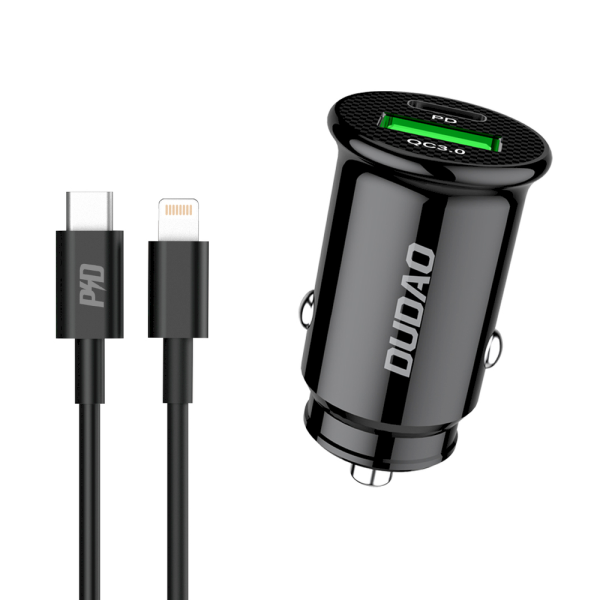 Dudao fast car charger with USB ports QC3.0 + Type C PD black + USB-C cable - Lightning 18W black (R3PRO)