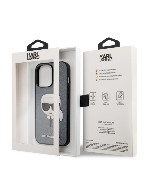 KLHCP13LSAKHSL Karl Lagerfeld PU Saffiano Karl Head Case for iPhone 13 Pro Silver