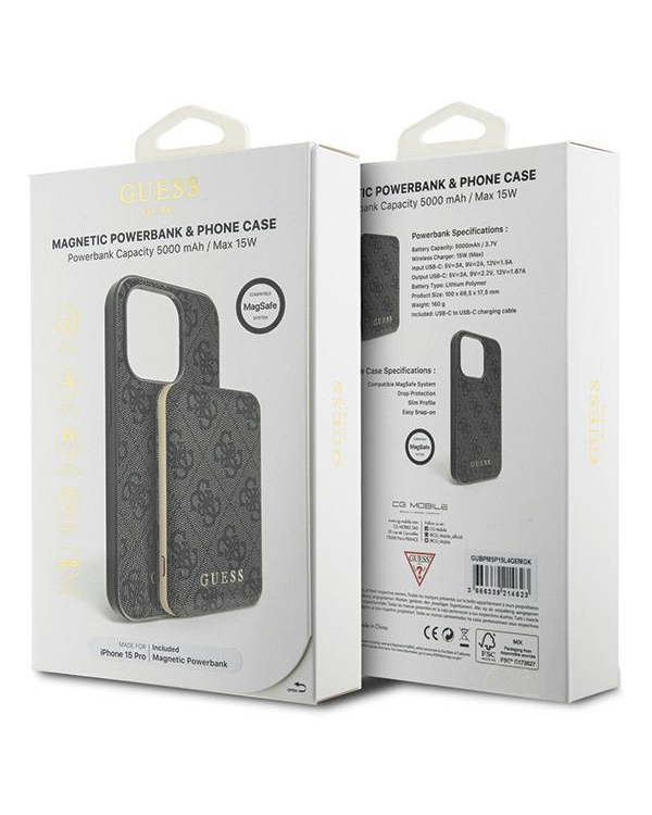 Zestaw Guess GUBPM5P15L4GEMGK iPhone 15 Pro 6.1" hardcase + Powerbank 5000mAh MagSafe czarny|black 4G Metal Logo