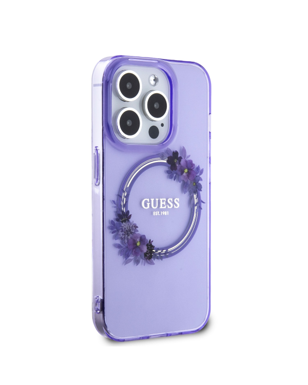 Guess PC|TPU Flowers Ring Glossy Logo MagSafe Чехол для iPhone 15 Pro фиолетовый