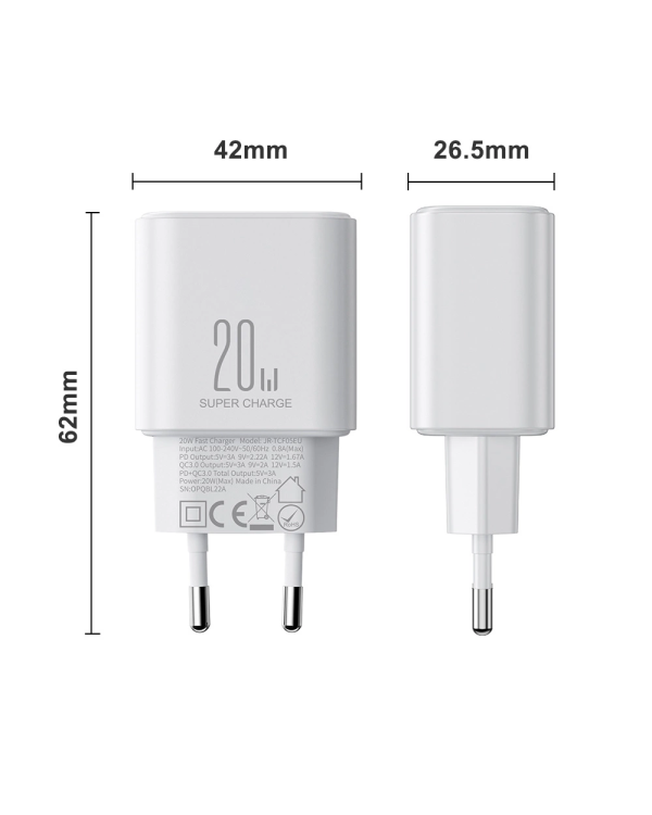 Joyroom JR-TCF05 20W USB-C | USB-A Fast Dual Port Wall Charger - White + USB-C - Lightning 1m