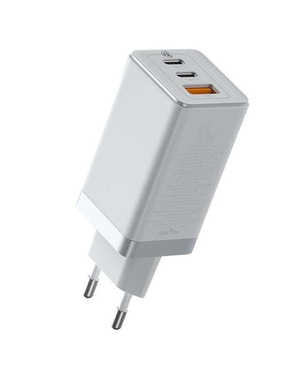 Baseus GaN CCGAN-B02 Сетевое зарядное устройство USB / 2 x USB-C / 65W / 5A / Quick Charge 3.0 Белое