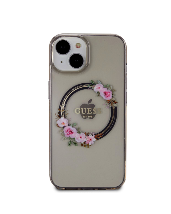 Guess PC|TPU Flowers Ring Glossy Logo MagSafe чехол для iPhone 14 черный