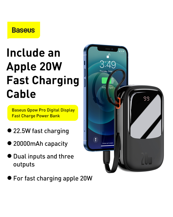 Powerbank Baseus Qpow PRO with cable, 20000mAh, 20W (Black)