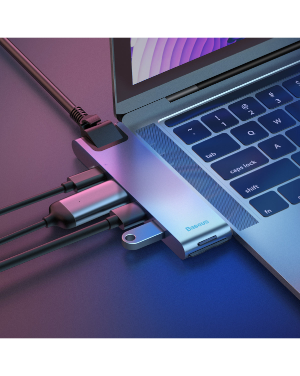 Baseus CAHUB-L0G 7 in 1 Приставка для MacBook | HDMI | 2 x USB 3.0 | USB-C | RJ45 | SD | Micro SD Thunderbolt C+