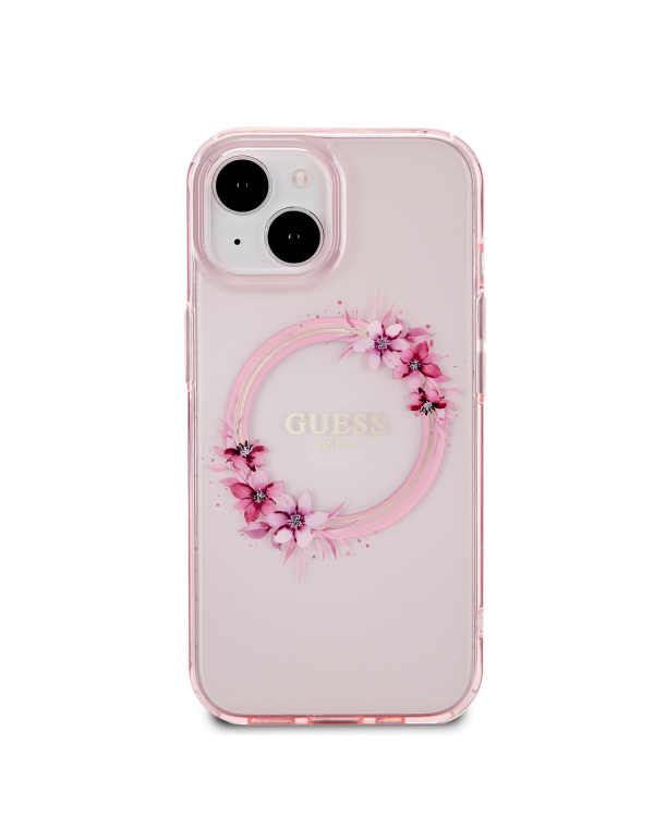 Guess PC|TPU Flowers Ring Glossy Logo MagSafe Чехол для iPhone 15 розовый
