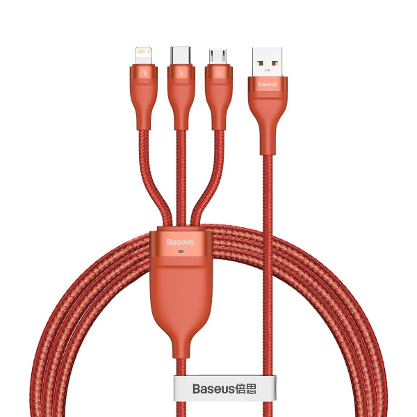 3in1 USB cable Baseus Flash Series, USB-C + micro USB + Lightning, 40W, 5A, 1.2m (orange)