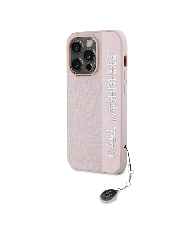 Karl Lagerfeld PU Saffiano Rhinestone Charm Case for iPhone 14 Pro Pink