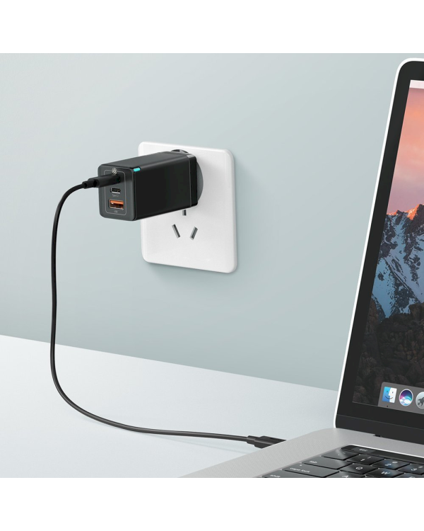 Baseus GaN CCGAN2P-B01 Сетевое зарядное устройство USB / 2 x USB-C / 65W / 5A / Quick Charge 3.0 Черное