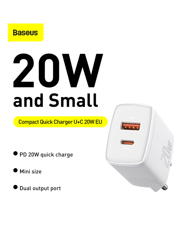 Baseus Compact quick charger USB Type C | USB 20 W 3 A Power Delivery Quick Charge 3.0 white (CCXJ-B02)