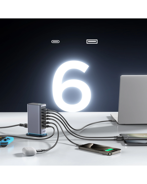 Joyroom JR-TCM02 многопортовое GaN зарядное устройство 65 Вт ЕС | 4x USB-C | 2x USB-A | серый