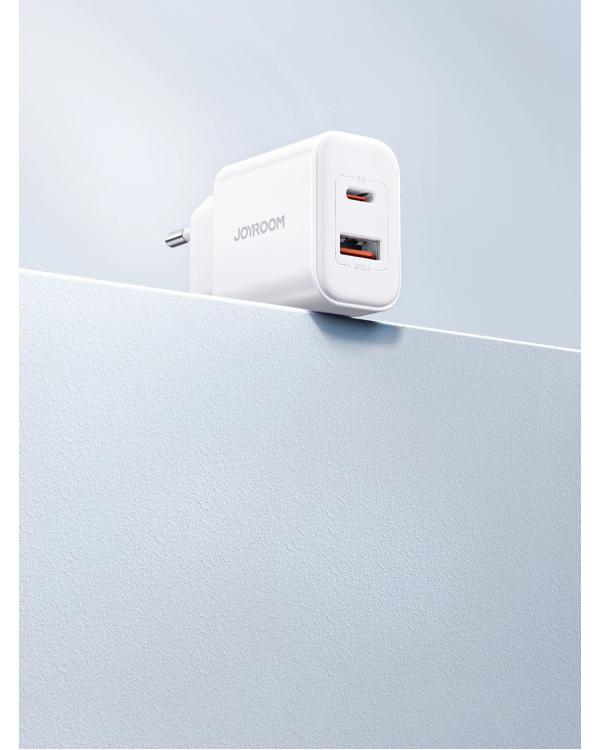 Joyroom JR-TCF05 20W USB-C | USB-A Fast Dual Port Wall Charger - White + USB-C - Lightning 1m