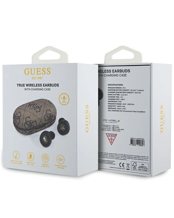 TWS Guess 4G Metal Bluetooth headphones with ENC docking station - brown