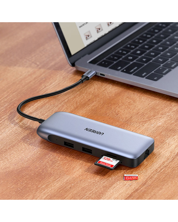 Ugreen multi-functional HUB 9in1 USB Type C - HDMI, DP, VGA, 2 x USB, RJ45 Ethernet, SD | TF card reader, USB Type C PD 100W gray (CM274)
