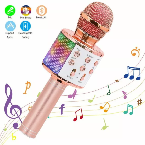 Goodbuy LED караоке-микрофон с динамиком bluetooth / 5W / aux / голосовой модулятор / USB / Micro SD розовое золото