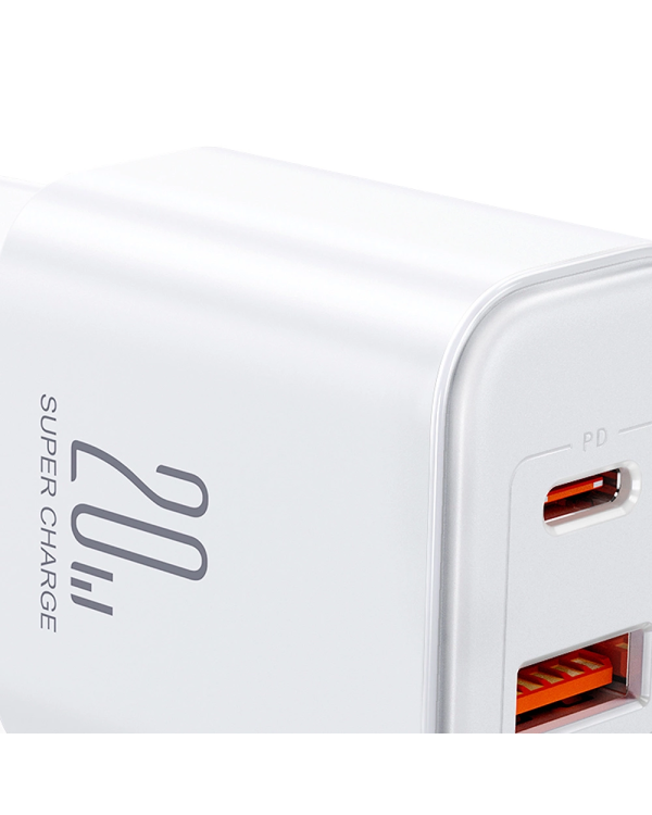 Joyroom JR-TCF05 20W USB-C | USB-A Fast Dual Port Wall Charger - White + USB-C - Lightning 1m