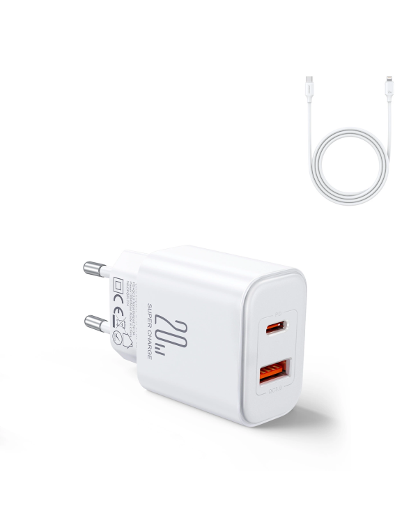 Joyroom JR-TCF05 20W USB-C | USB-A Fast Dual Port Wall Charger - White + USB-C - Lightning 1m