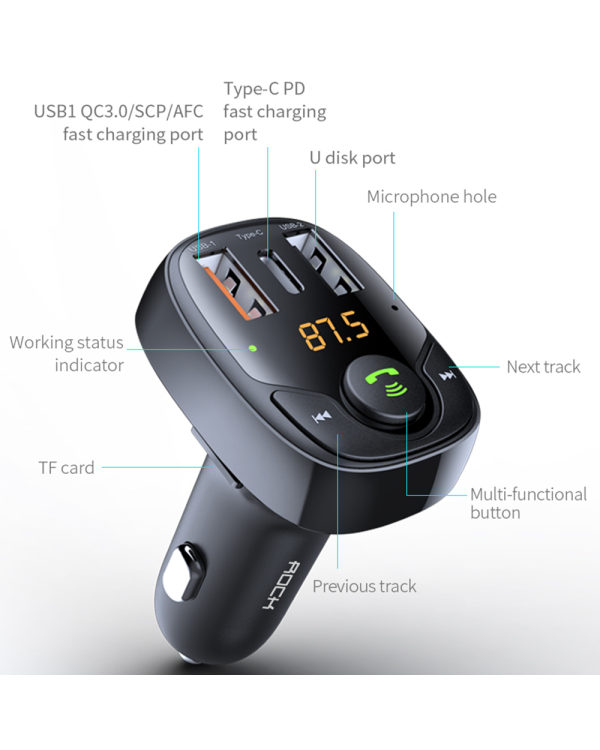 Rock Transmitter FM B301 MP3, Bluetooth - 2xUSB + Type C + micro SD - 36 Вт черный