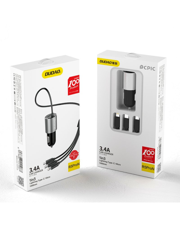 Dudao 3in1 USB car charger 3,4 A built-in cable Lightning / USB Type C / micro USB black (R5ProN black)
