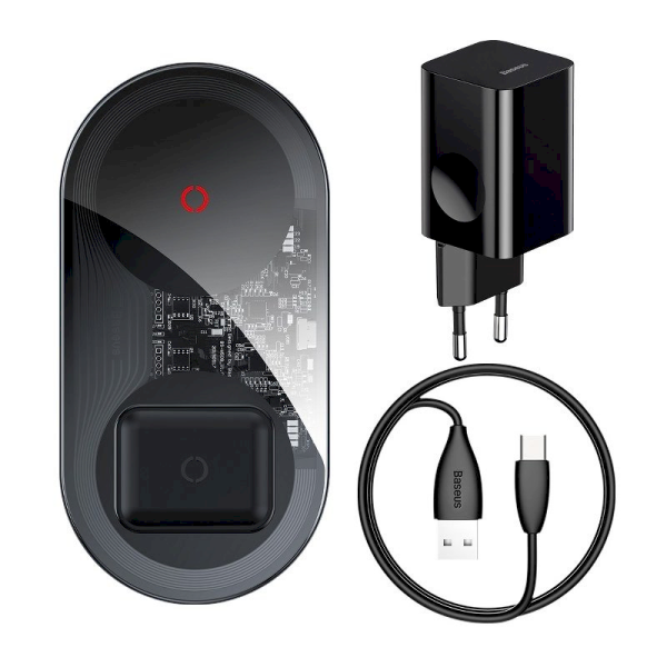 Baseus Simple Turbo inductive charger Qi 2in1, 20W for smartphone and for Apple Airpods - Transparent