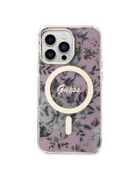 Guess PC|TPU Flowers IML MagSafe Compatible Case for iPhone 13 Pro Pink