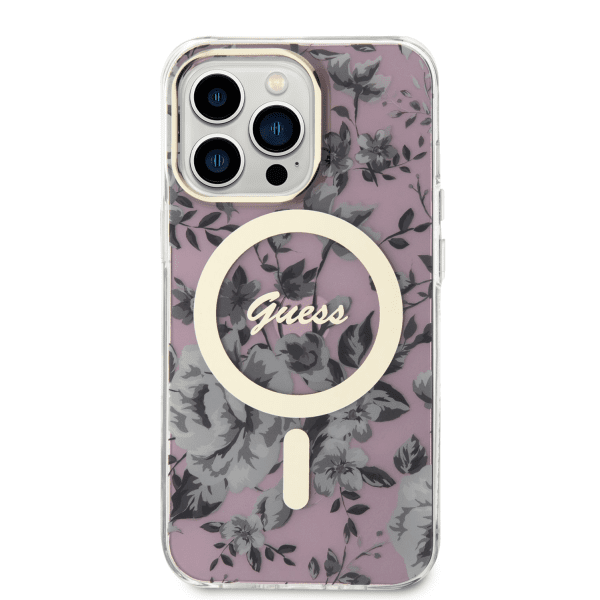 Guess PC|TPU Flowers IML MagSafe Compatible Case for iPhone 13 Pro Pink
