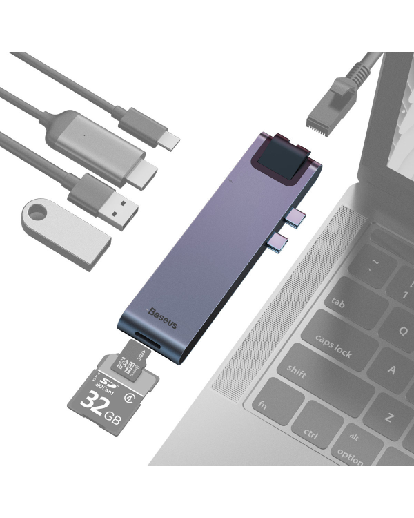 Baseus CAHUB-L0G 7 in 1 Приставка для MacBook | HDMI | 2 x USB 3.0 | USB-C | RJ45 | SD | Micro SD Thunderbolt C+