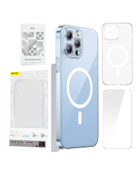 Phone case Baseus Magnetic Crystal Clear for iPhone 13 Pro (transparent) with all-tempered-glass screen protector and cleaning kit