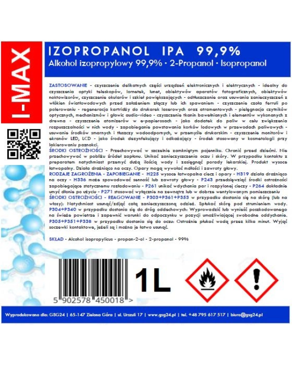 Изопропиловый спирт Изопропанол IPA I-MAX 99,9% 1 л