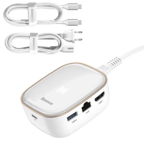 Baseus 6in1 USB Type C Multifunctional HUB, memory card reader, network adapter (USB 3.0, RJ45, HDMI, SD, micro SD) Power Delivery 60 W white (CAHUB-AU02)