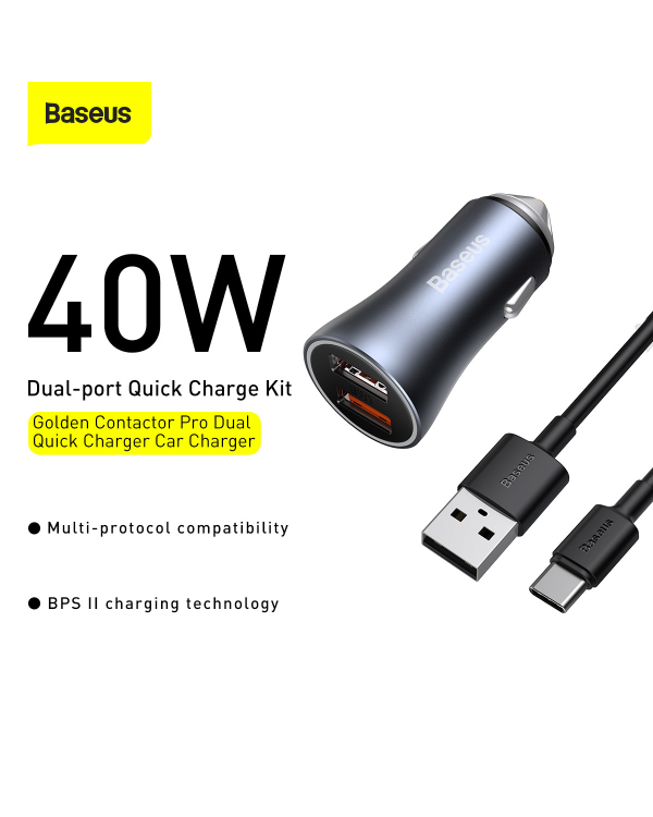 Baseus Golden Contactor Pro quick car charger 2x USB 40 W Quick Charge SCP FCP AFC + USB - USB Type C cable gray (TZCCJD-A0G)
