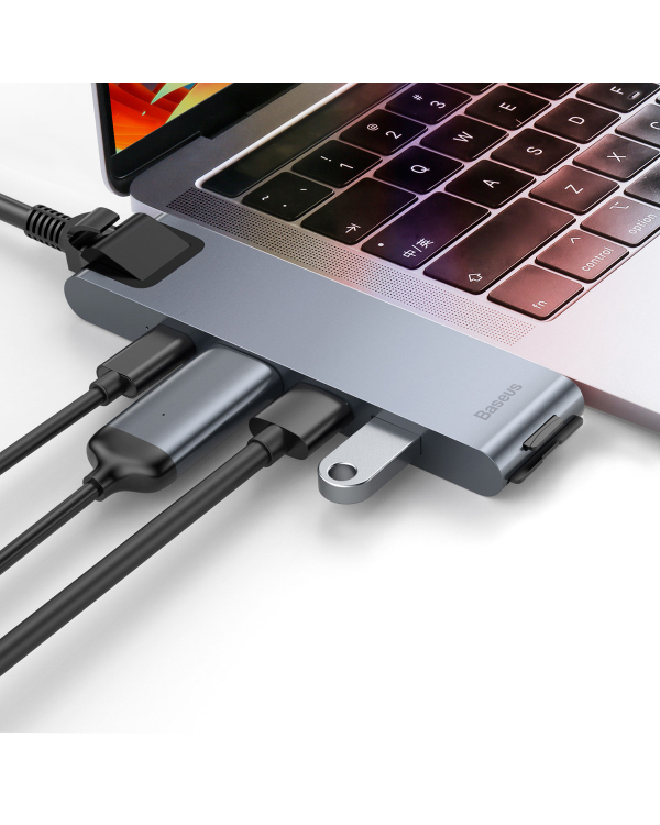 Baseus CAHUB-L0G 7 in 1 Приставка для MacBook | HDMI | 2 x USB 3.0 | USB-C | RJ45 | SD | Micro SD Thunderbolt C+