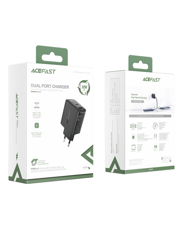 Acefast wall charger USB Type C | USB 32W, PPS, PD, QC 3.0, AFC, FCP black (A5 black)